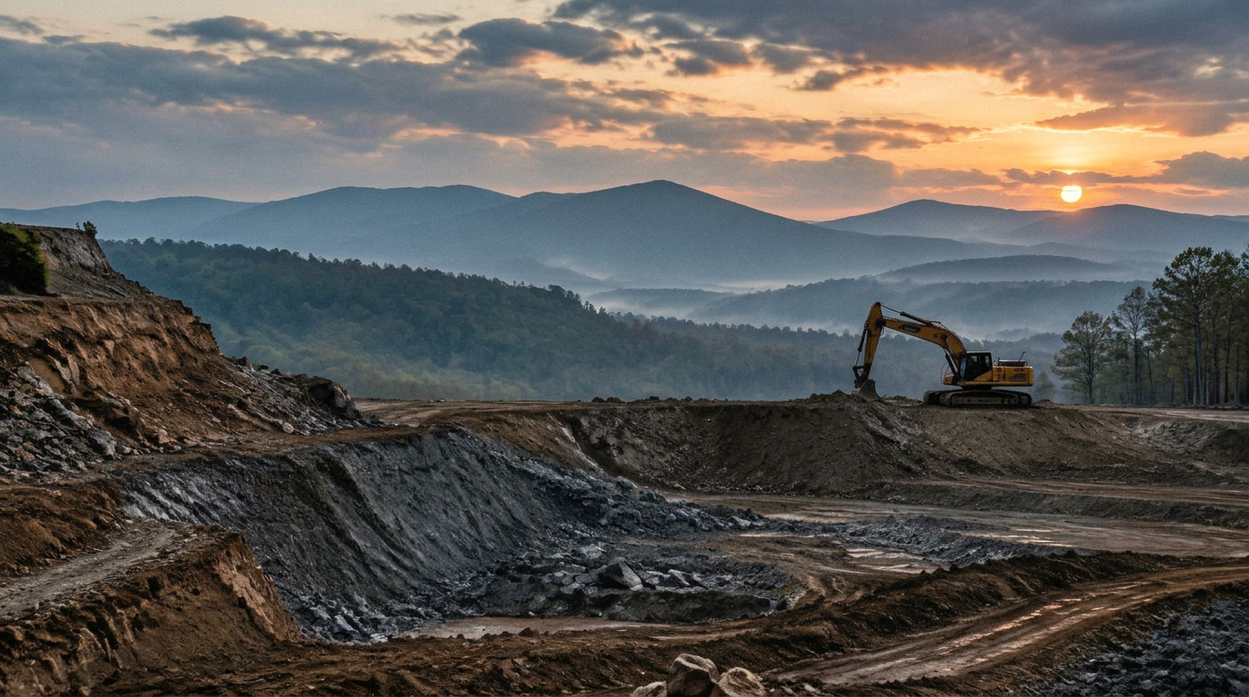 Large excavation site in the Appalachian foothills at dusk