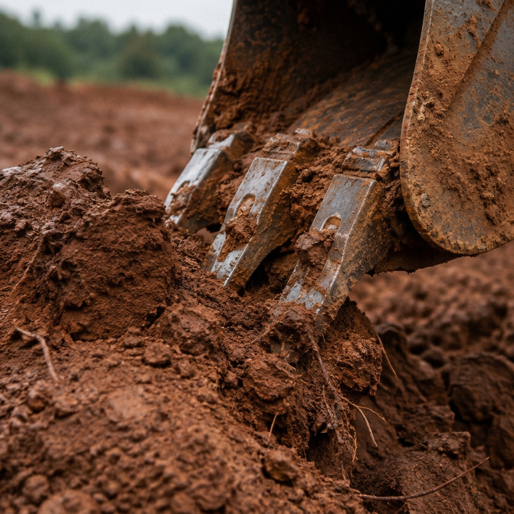 Excavator bucket digging into red Tennessee clay soil