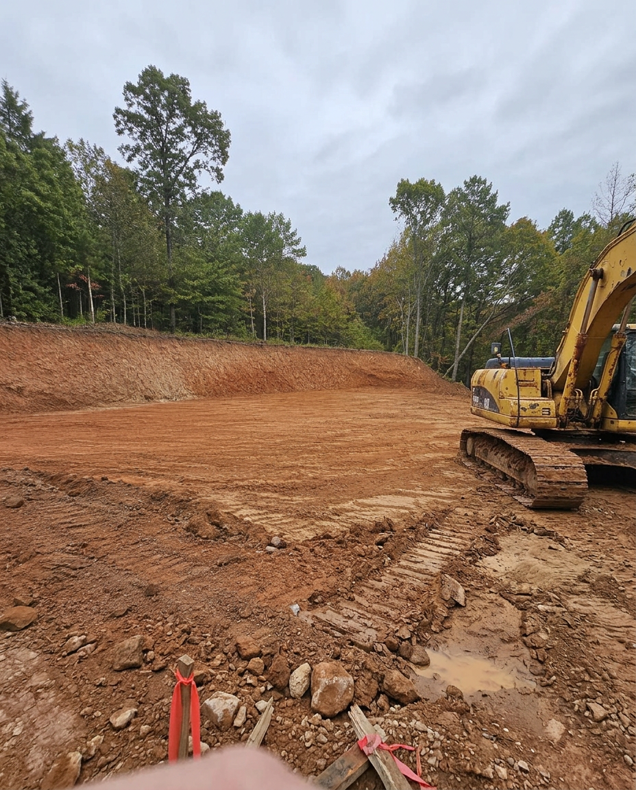 Freshly graded building pad on a wooded property in East Tennessee