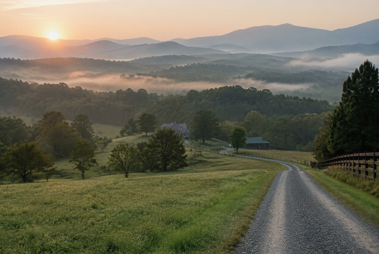 Rural East Tennessee property with Smoky Mountain ridges at sunrise