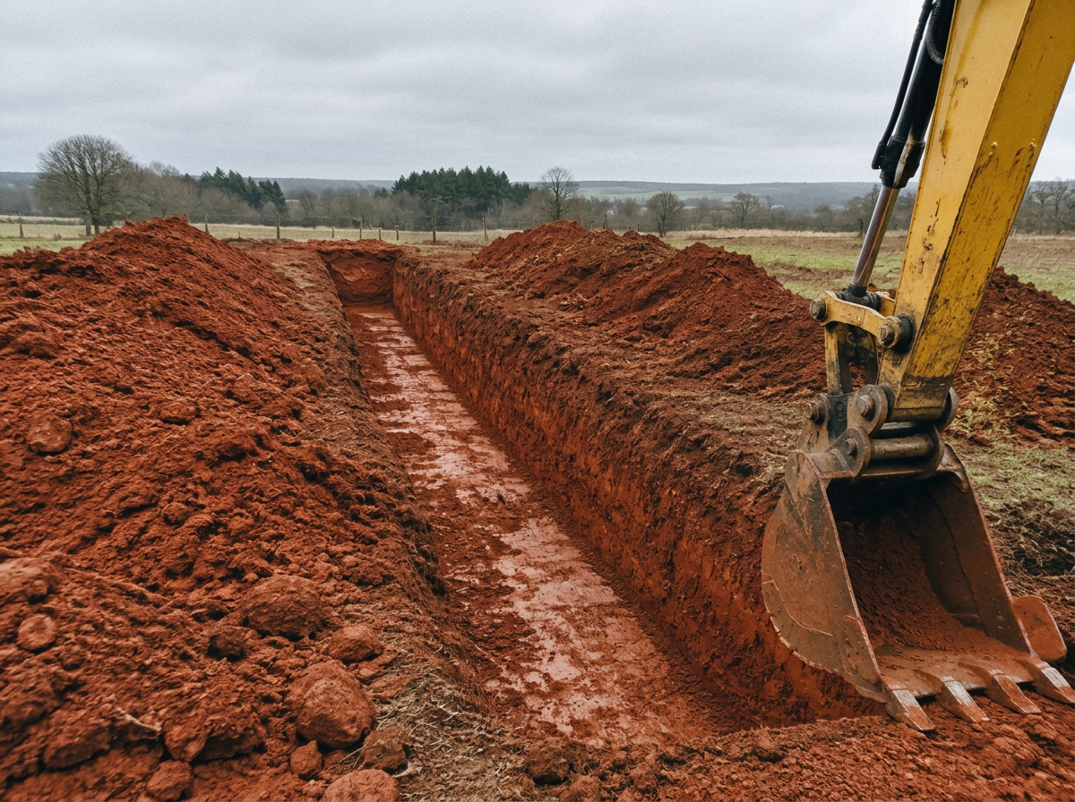 Open excavation trench with spoil piles on a rural property
