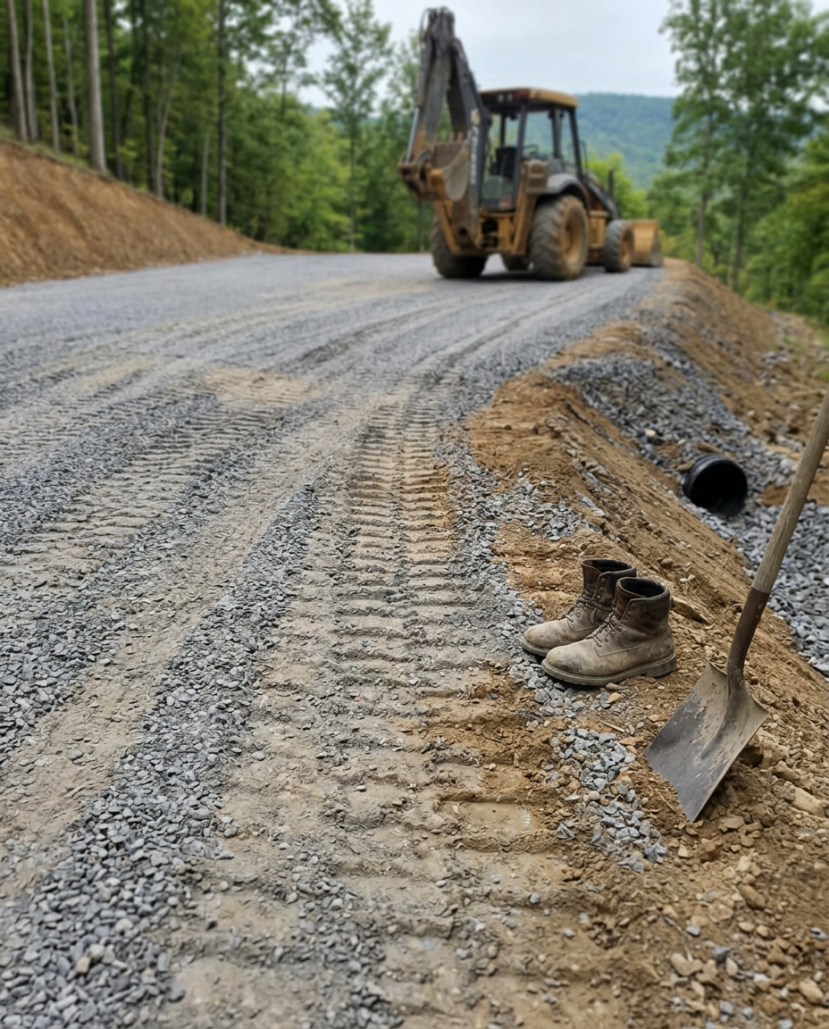 Graded gravel driveway cut into a Tennessee hillside